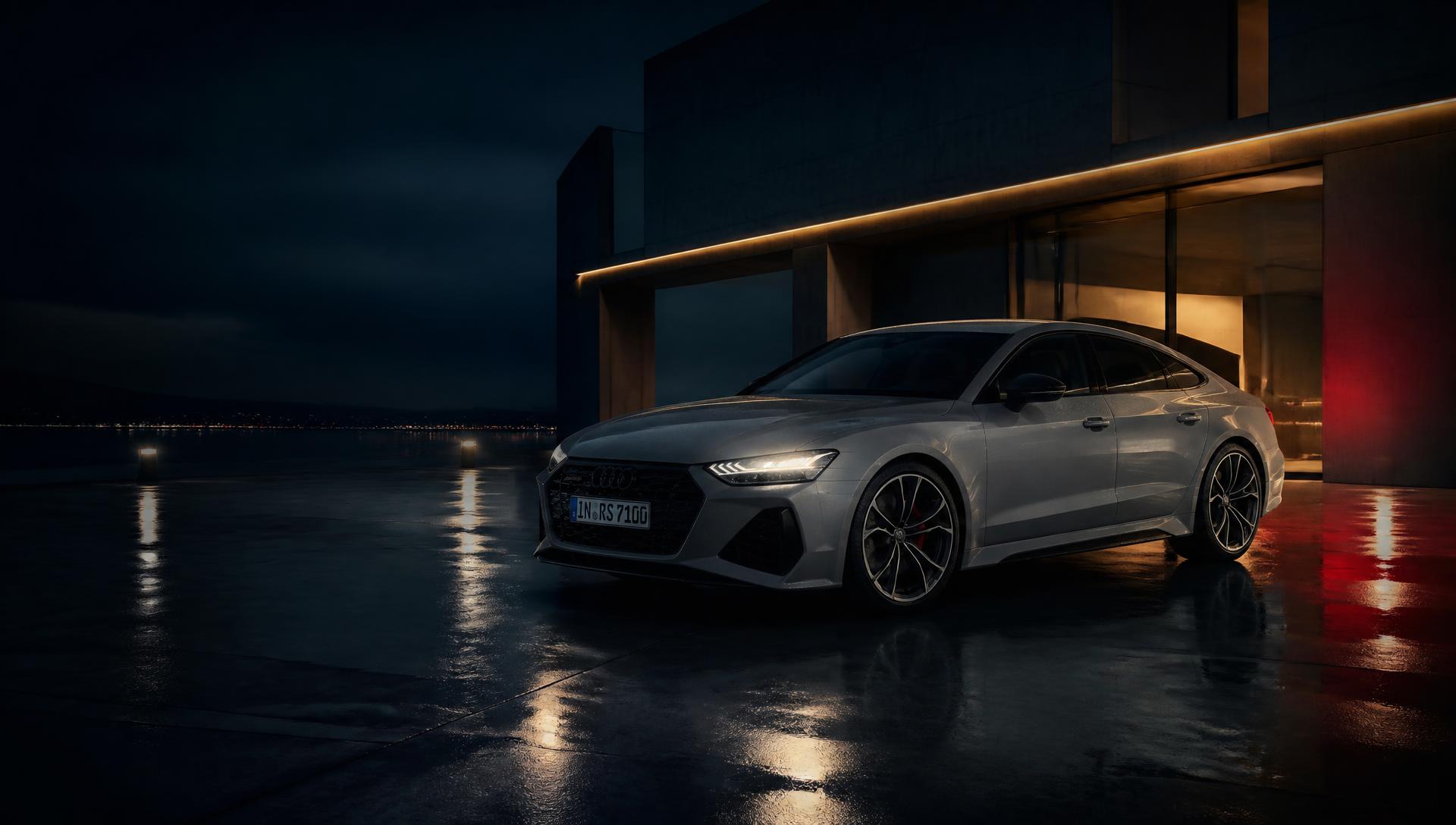 Performance saloon lit at night outside the Car Lelo showroom